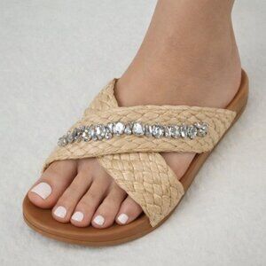 A New Day Women's Raffia Criss Cross Rhinestone Slide Sandals Size 8